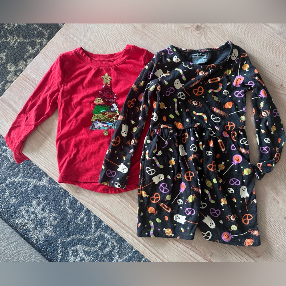 Cat & Jack Girl’s Size 4/5 Red Christmas Tree Shirt and Black Halloween Dress